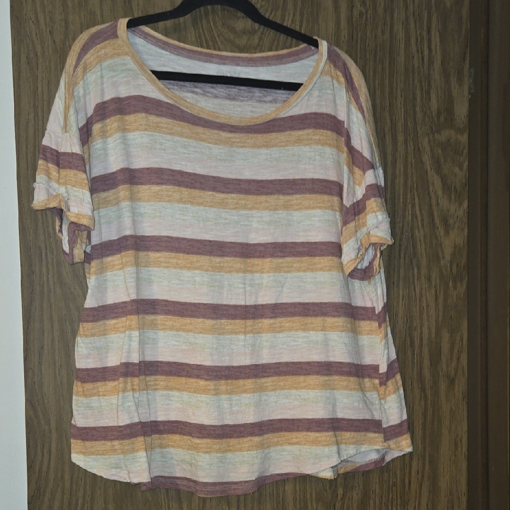BOGO 🆓️ Casual Striped Short Sleeve Top - Cream and Brown